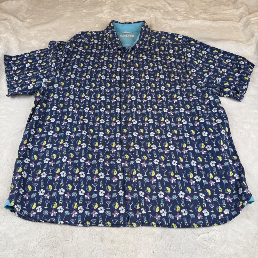 Tommy Bahama Mens XXL Navy Blue Tropical Cocktail Palm Tree Print Button Shirt - Picture 1 of 8
